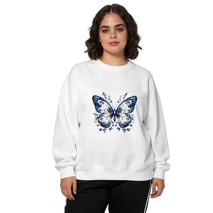 Elegant Blue Floral Pattern Butterfly Crewneck Sweatshirt