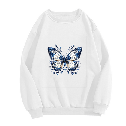 Elegant Blue Floral Pattern Butterfly Crewneck Sweatshirt