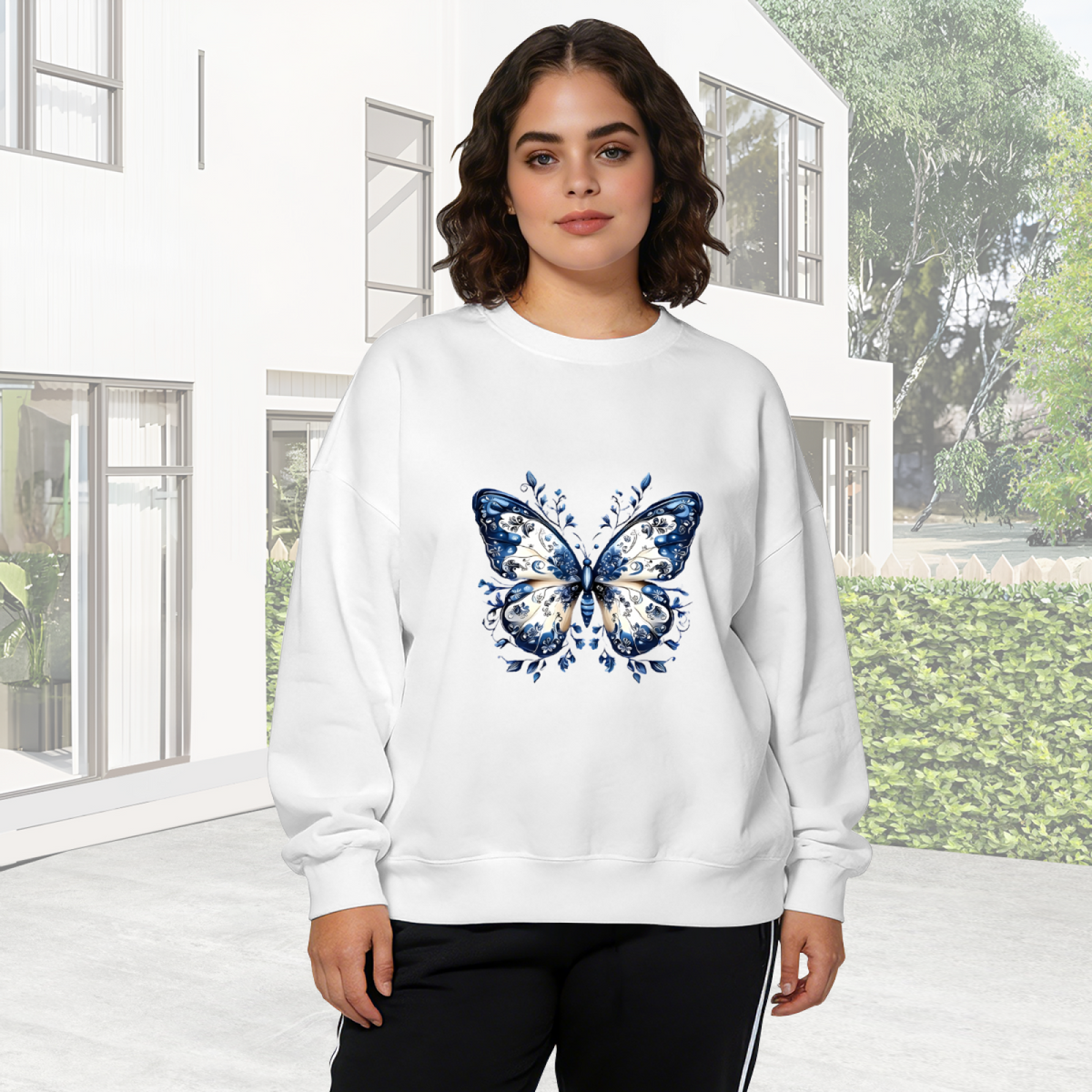 Elegant Blue Floral Pattern Butterfly Crewneck Sweatshirt
