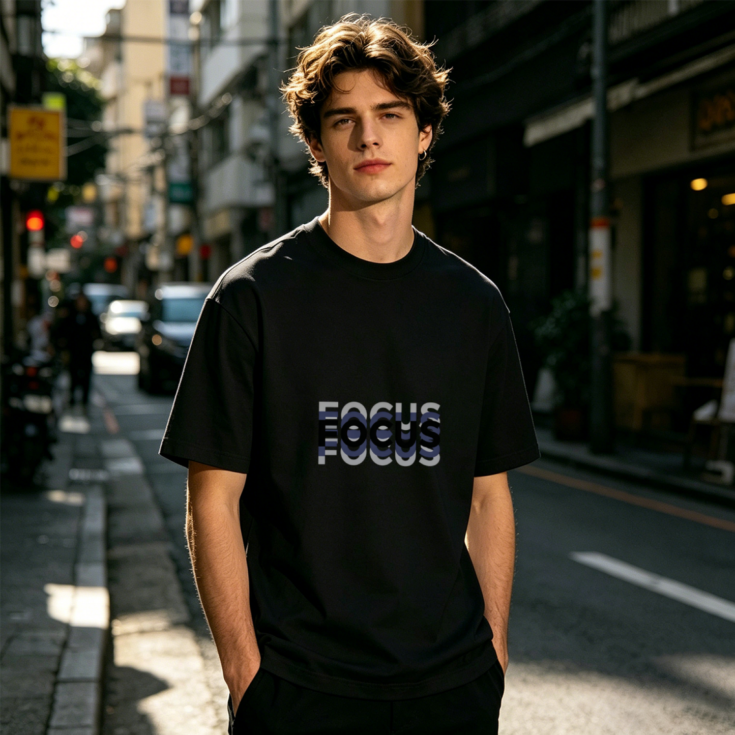 Men's Stacked FOCUS Text Layered Font Motivational Graphic T-Shirt