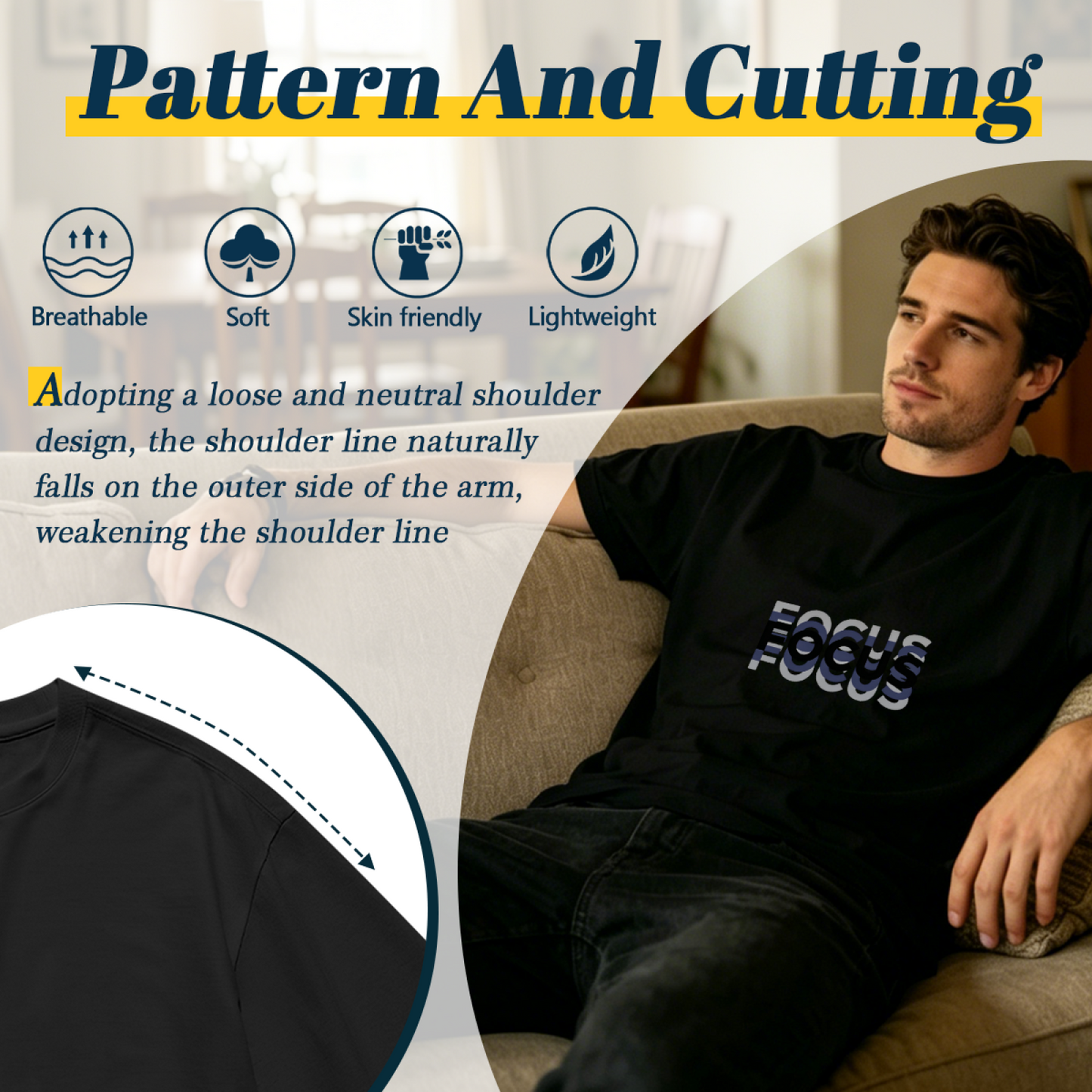 Men's Stacked FOCUS Text Layered Font Motivational Graphic T-Shirt