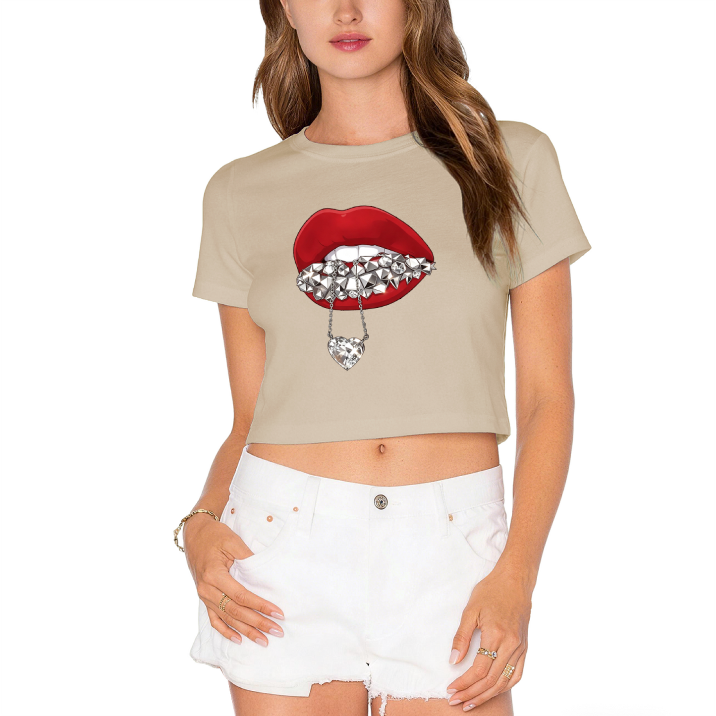 Spike Grill Diamond Heart Lips Y2K Crop Top