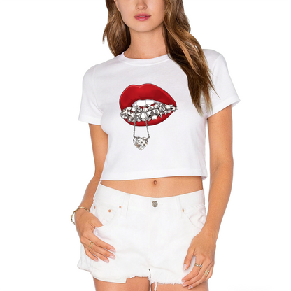 Spike Grill Diamond Heart Lips Y2K Crop Top