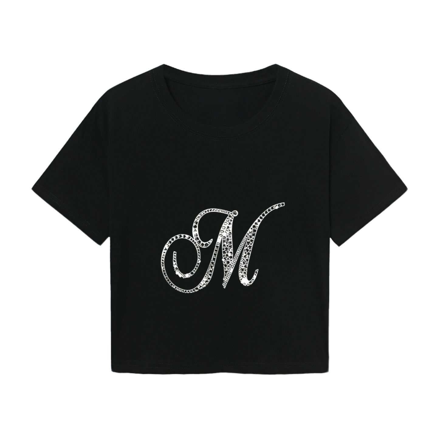 Glam Black Crop T-Shirt With Sparkly Rhinestone Cursive Letter M