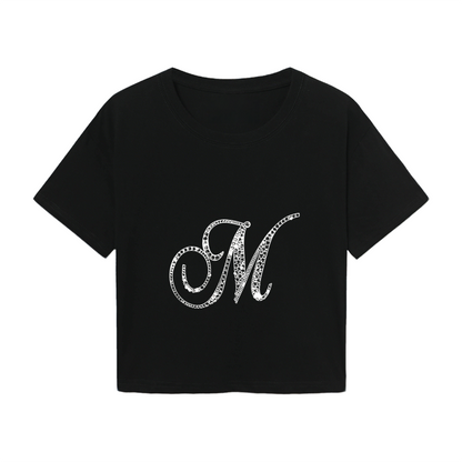 Glam Black Crop T-Shirt With Sparkly Rhinestone Cursive Letter M
