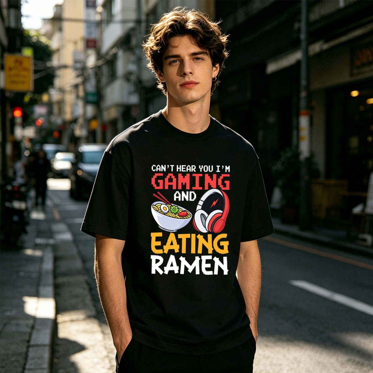 Men's Funny Gaming & Ramen Lover Pixel Art Casual Short Sleeve Tee