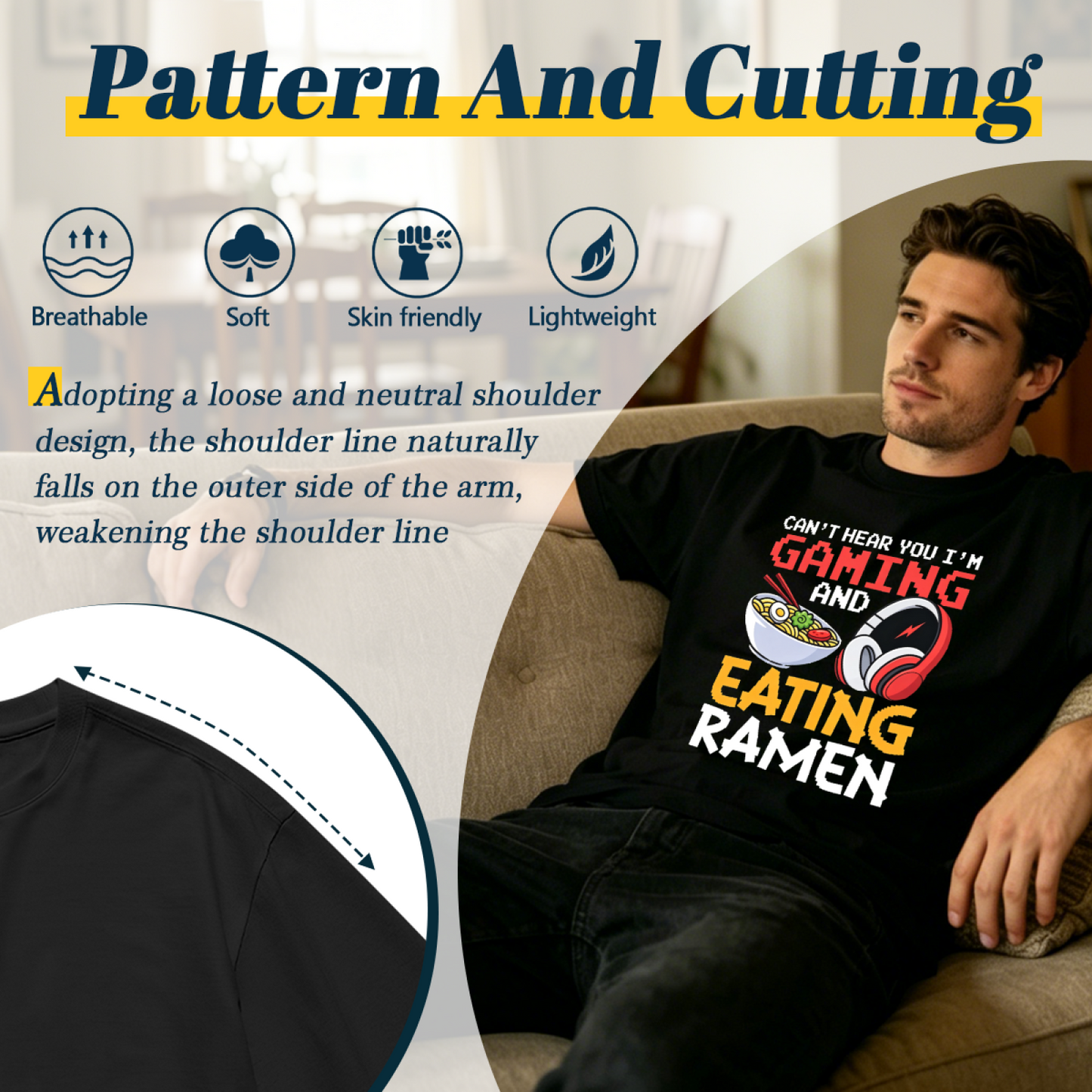 Men's Funny Gaming & Ramen Lover Pixel Art Casual Short Sleeve Tee
