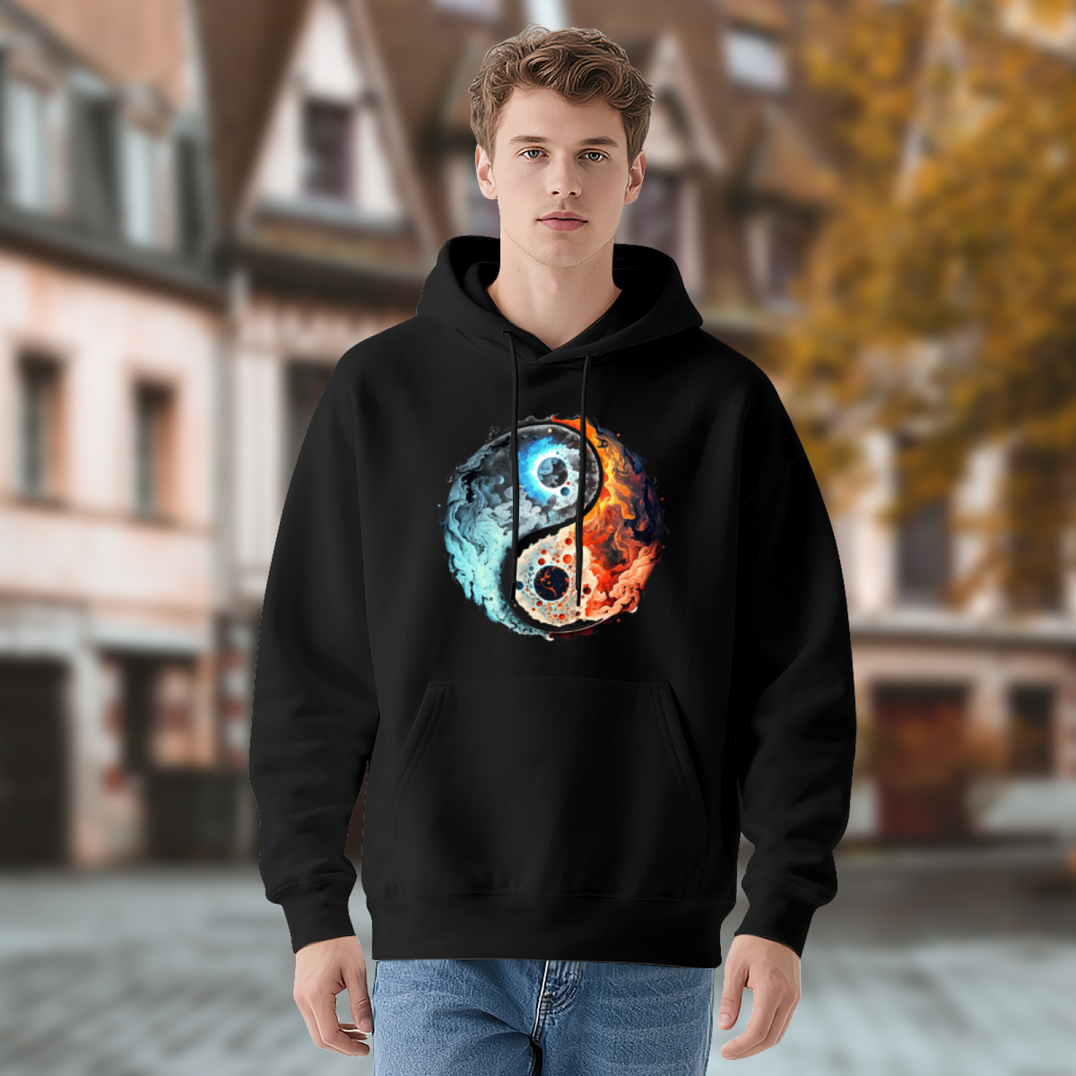Fire & Ice Yin Yang Cosmic Art Black Hoodie, Unisex Mystical Comfort Streetwear