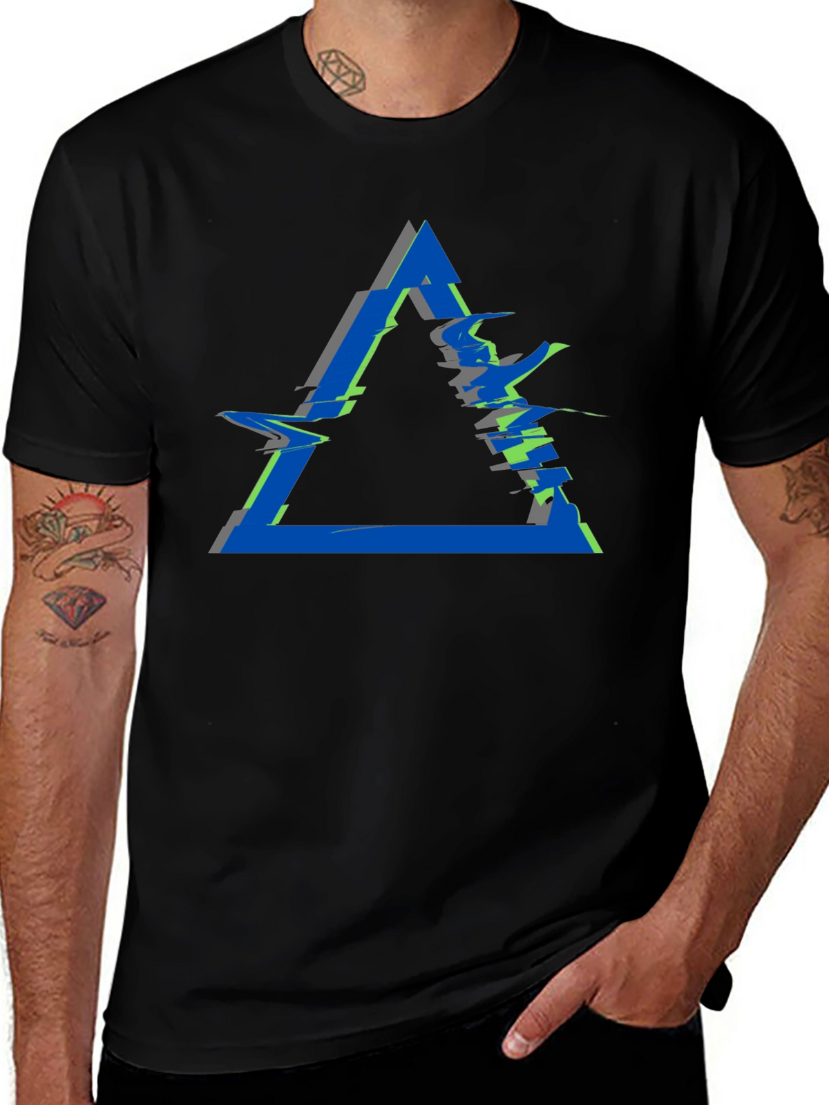 Abstract Triangle Glitch Graphic Black T-Shirt