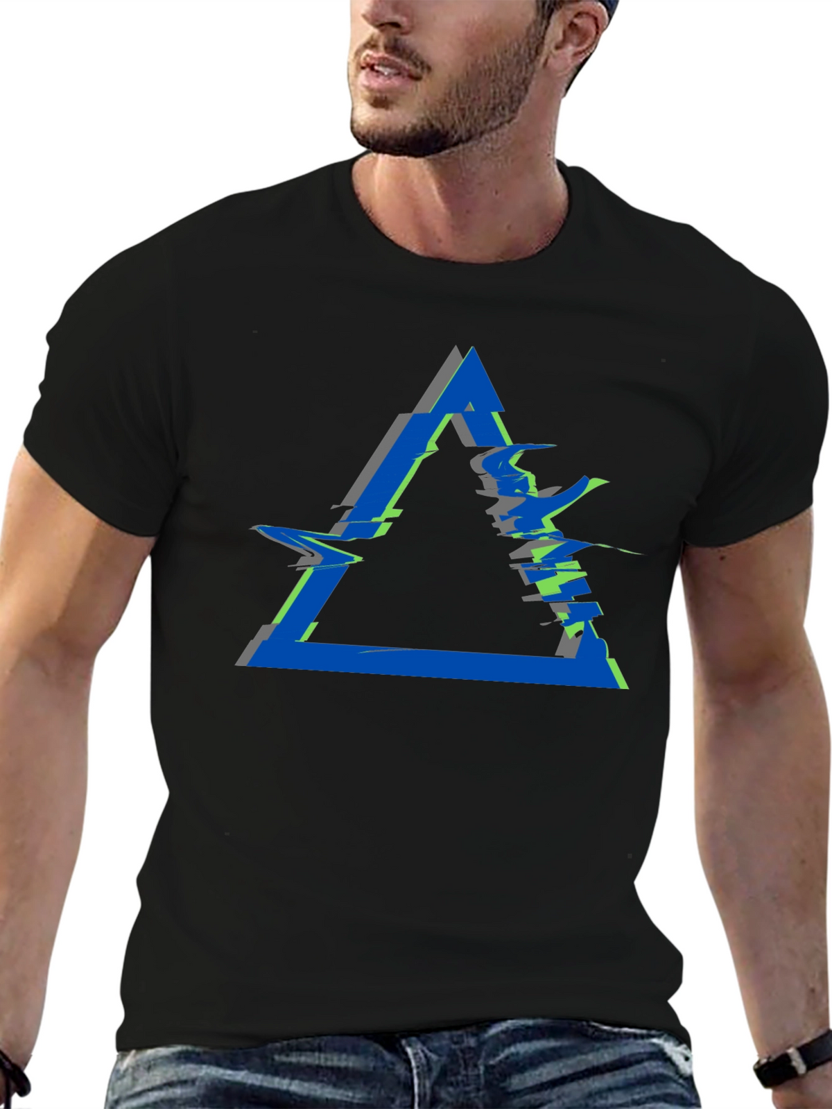 Abstract Triangle Glitch Graphic Black T-Shirt