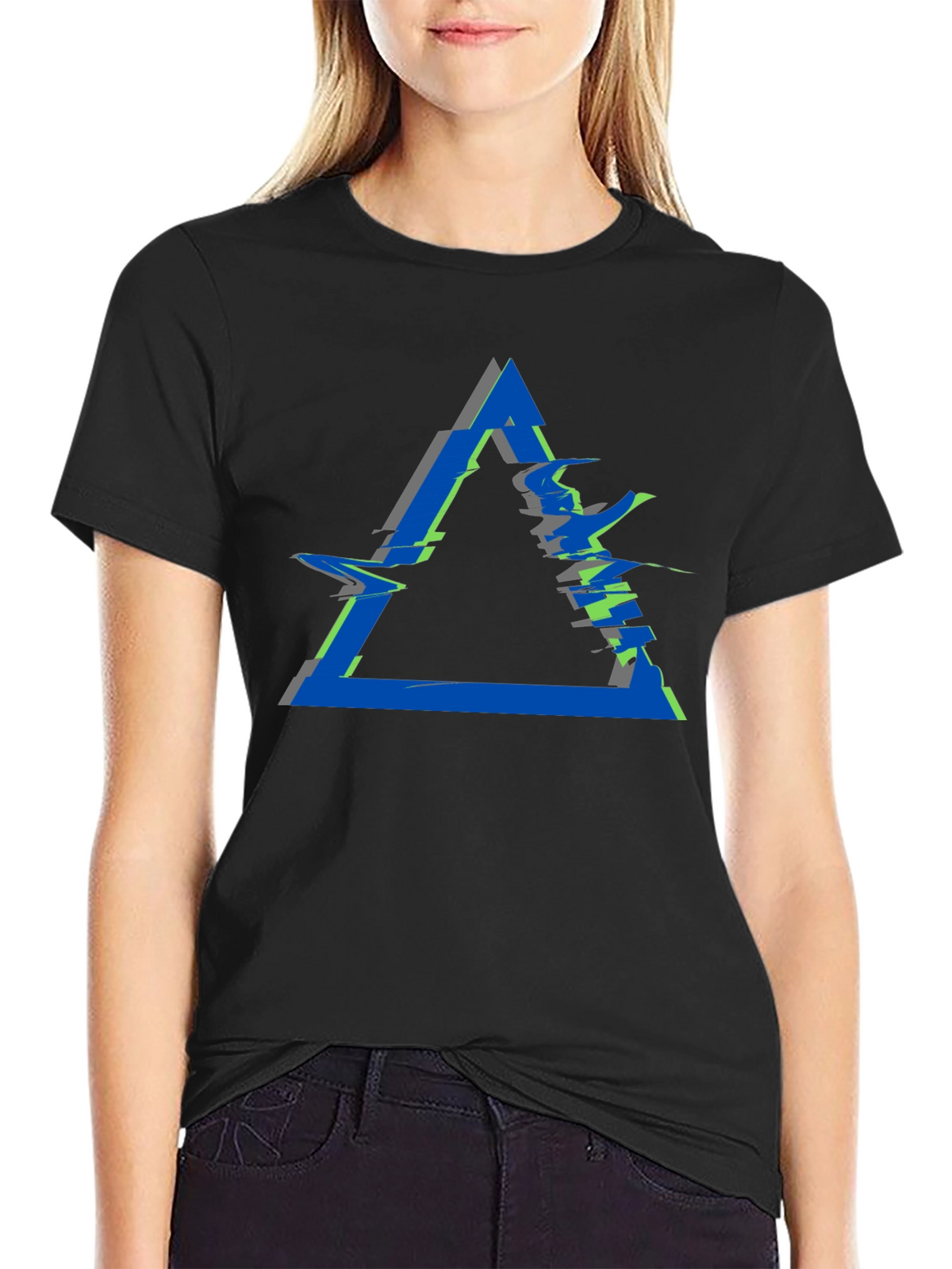 Abstract Triangle Glitch Graphic Black T-Shirt