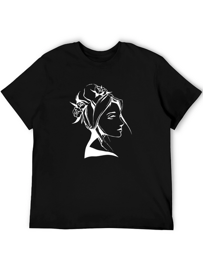 Elegant Woman Portrait Tee - Black Cotton