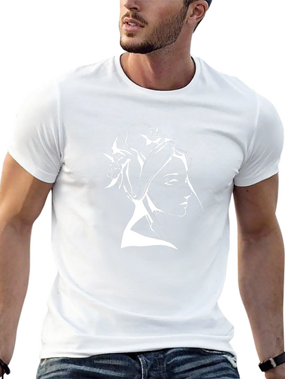 Elegant Woman Portrait Tee - Black Cotton