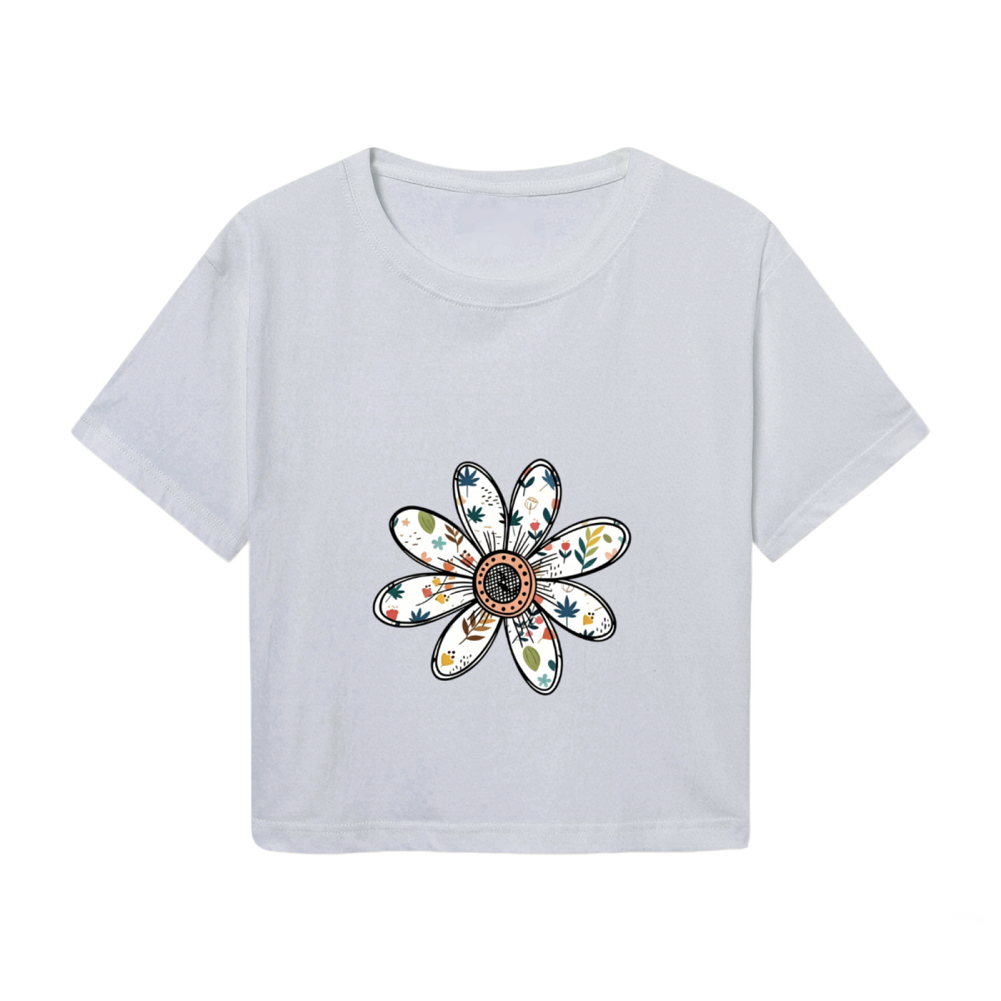 Hand-Drawn Boho Floral Daisy Soft Grey Crop Top
