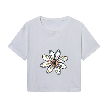 Hand-Drawn Boho Floral Daisy Soft Grey Crop Top