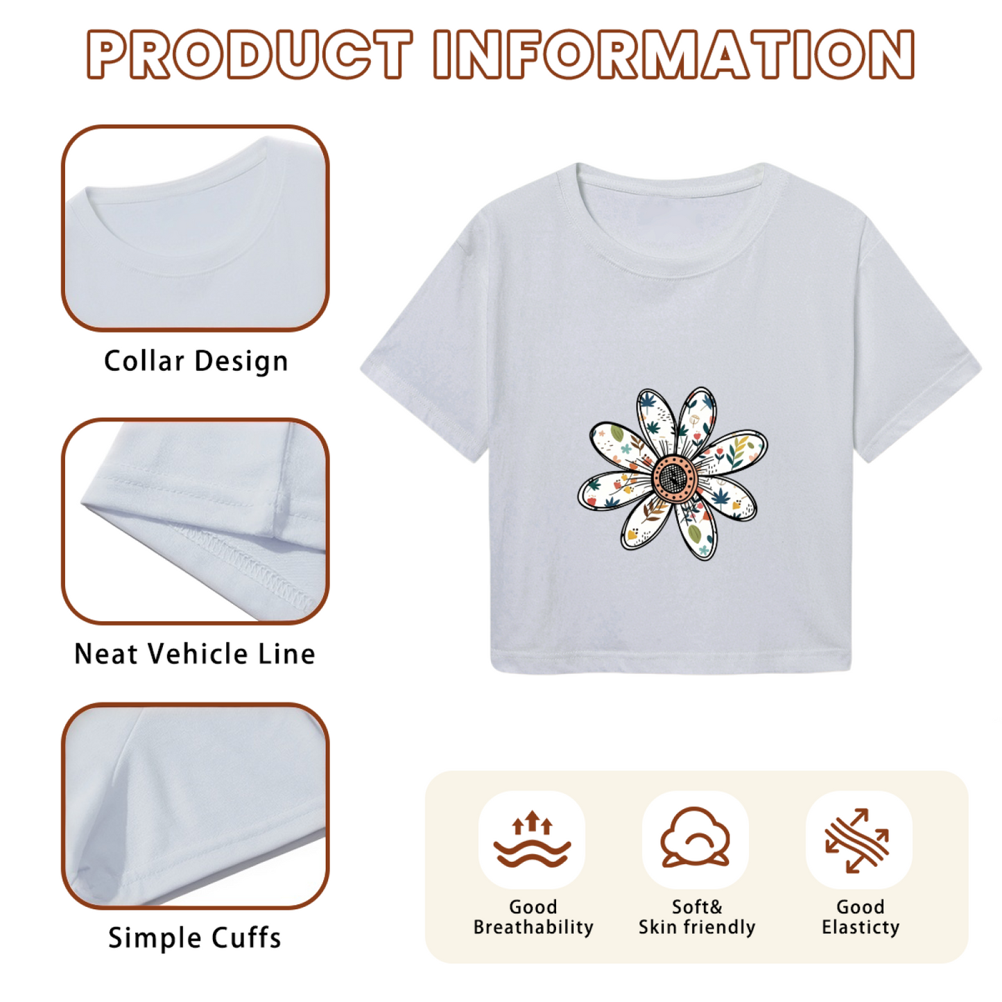 Hand-Drawn Boho Floral Daisy Soft Grey Crop Top
