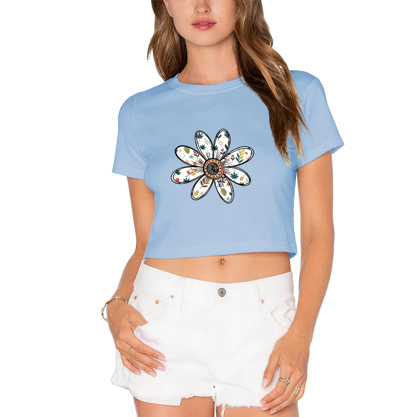 Hand-Drawn Boho Floral Daisy Soft Grey Crop Top