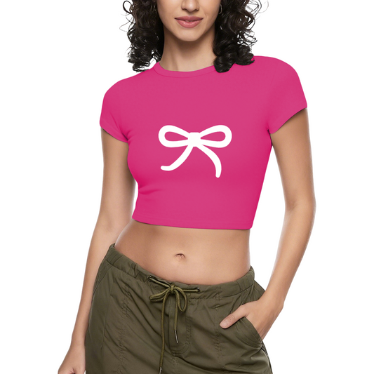 Minimal White Bow Hot Pink Coquette Crop Baby Tee