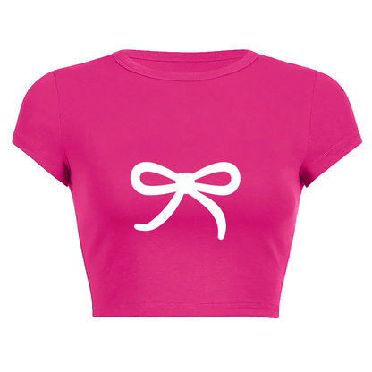 Minimal White Bow Hot Pink Coquette Crop Baby Tee