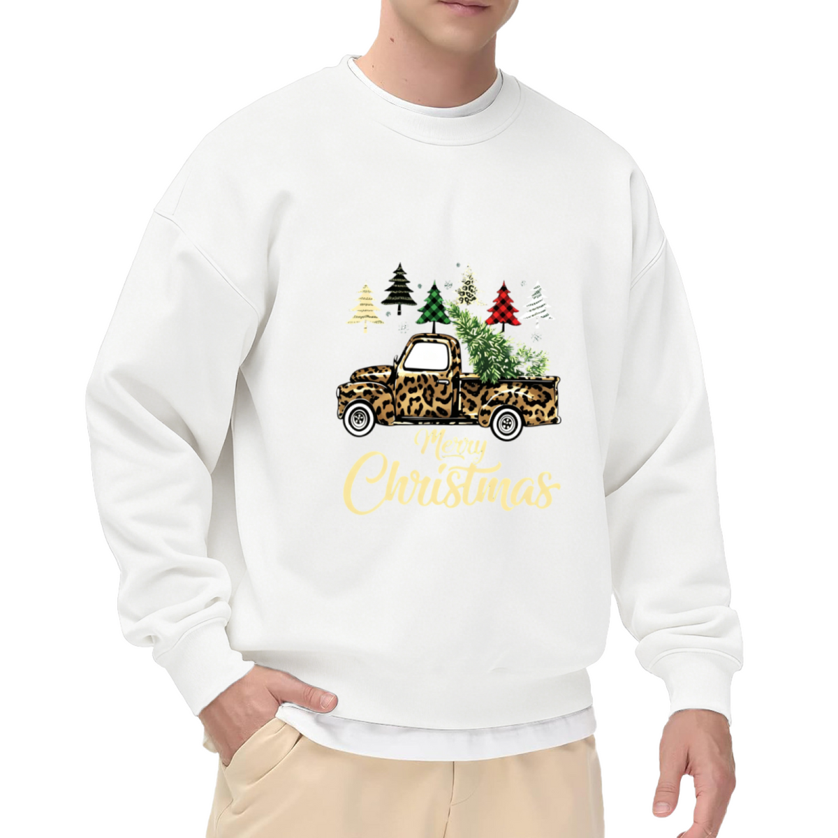 Leopard Christmas Truck Merry Holiday Crew Top