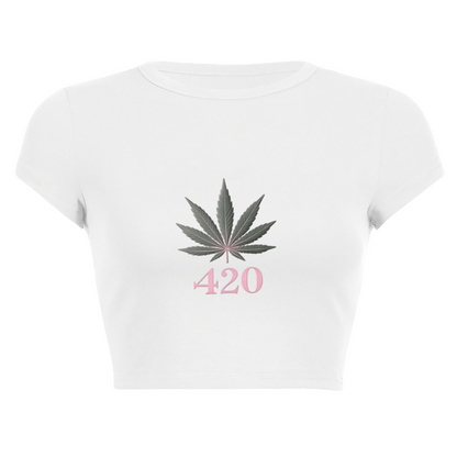 420 Hemp Leaf Minimal White Graphic Crop Top
