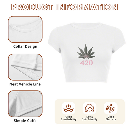 420 Hemp Leaf Minimal White Graphic Crop Top