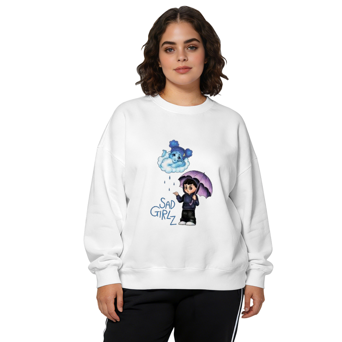 Sad Girlz Rainy Day Cartoon Character Art Crewneck Sweatshirt