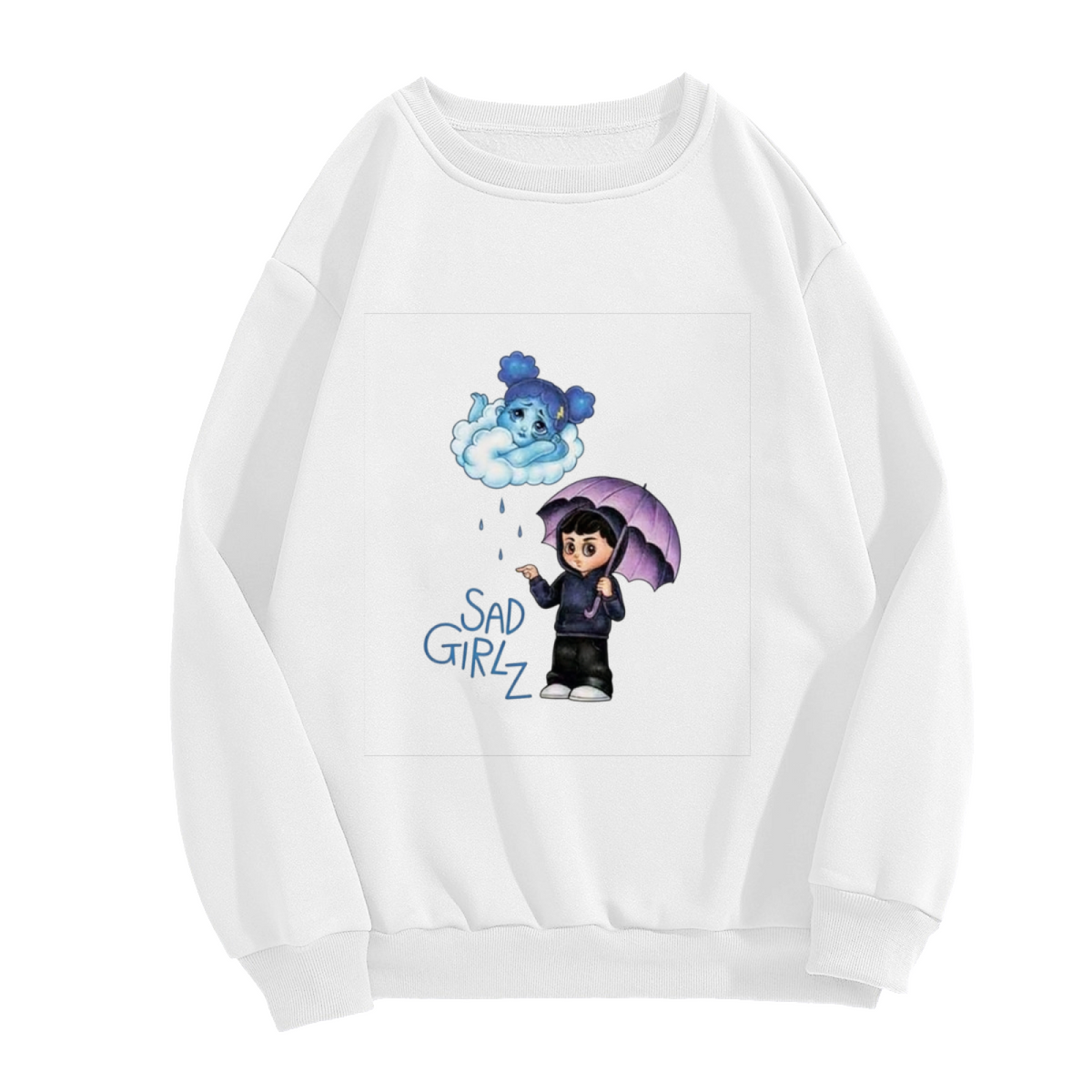 Sad Girlz Rainy Day Cartoon Character Art Crewneck Sweatshirt