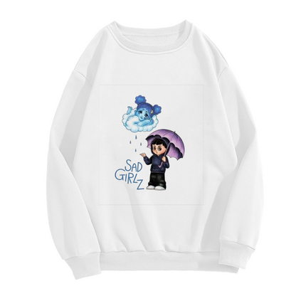 Sad Girlz Rainy Day Cartoon Character Art Crewneck Sweatshirt