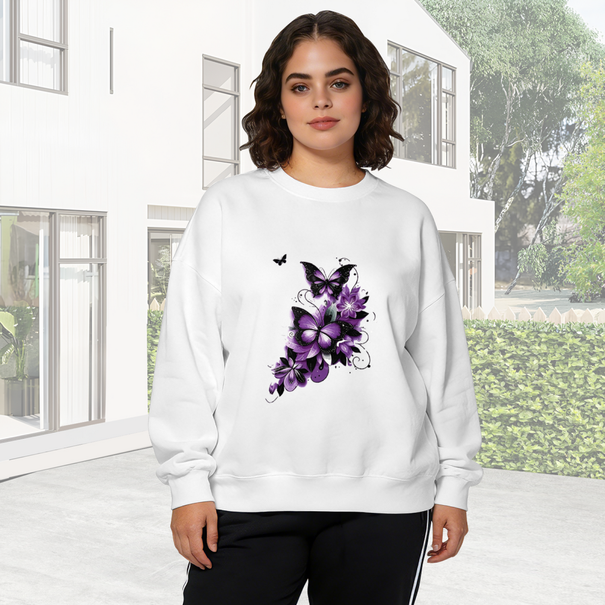 Moody Purple Butterfly Dark Floral Art Crewneck Sweatshirt