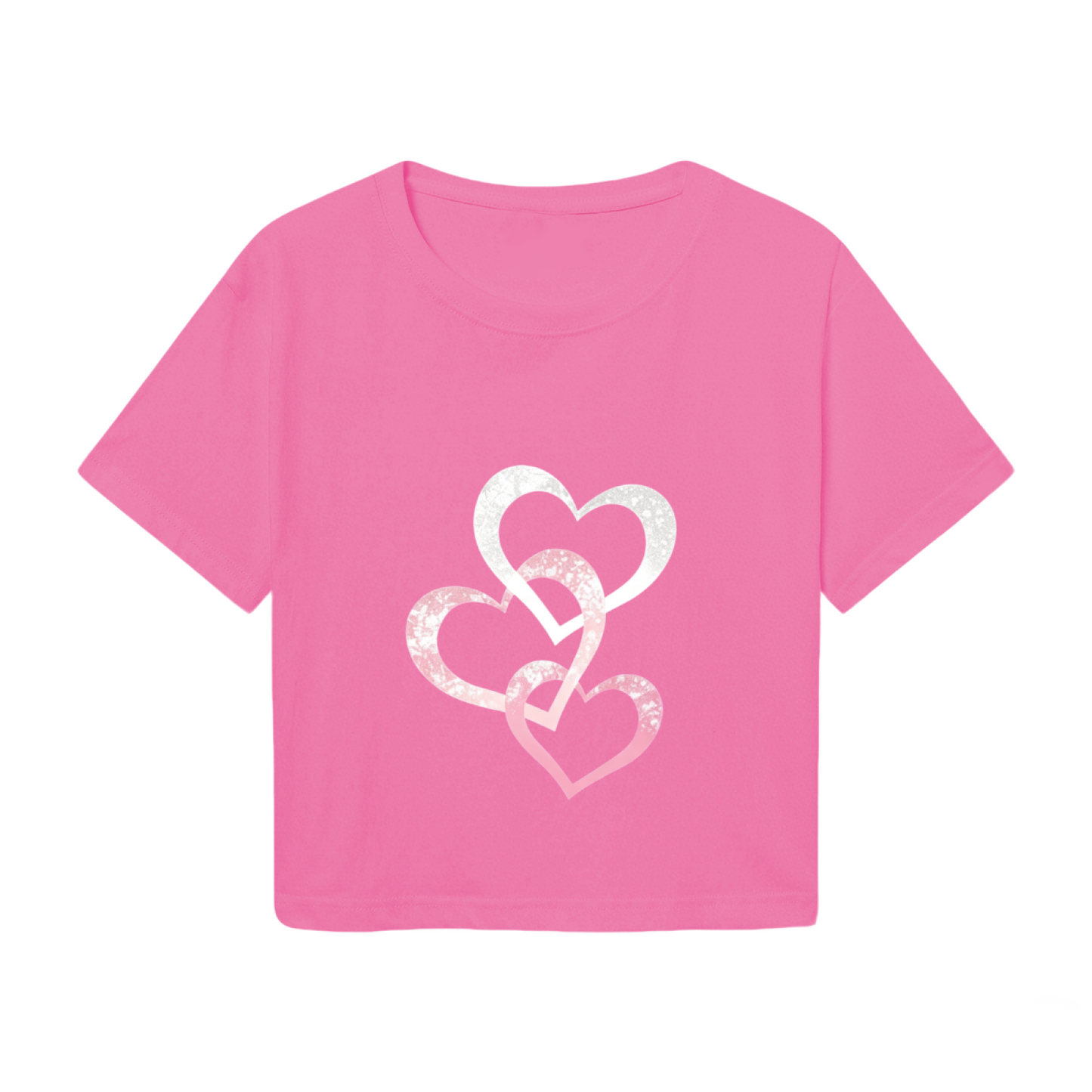 Triple Glitter Intertwined Hearts Pink Coquette Crop Tee