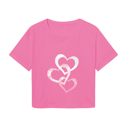 Triple Glitter Intertwined Hearts Pink Coquette Crop Tee