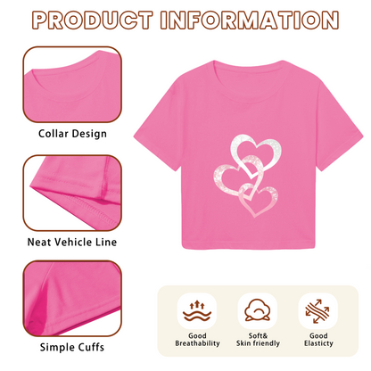 Triple Glitter Intertwined Hearts Pink Coquette Crop Tee