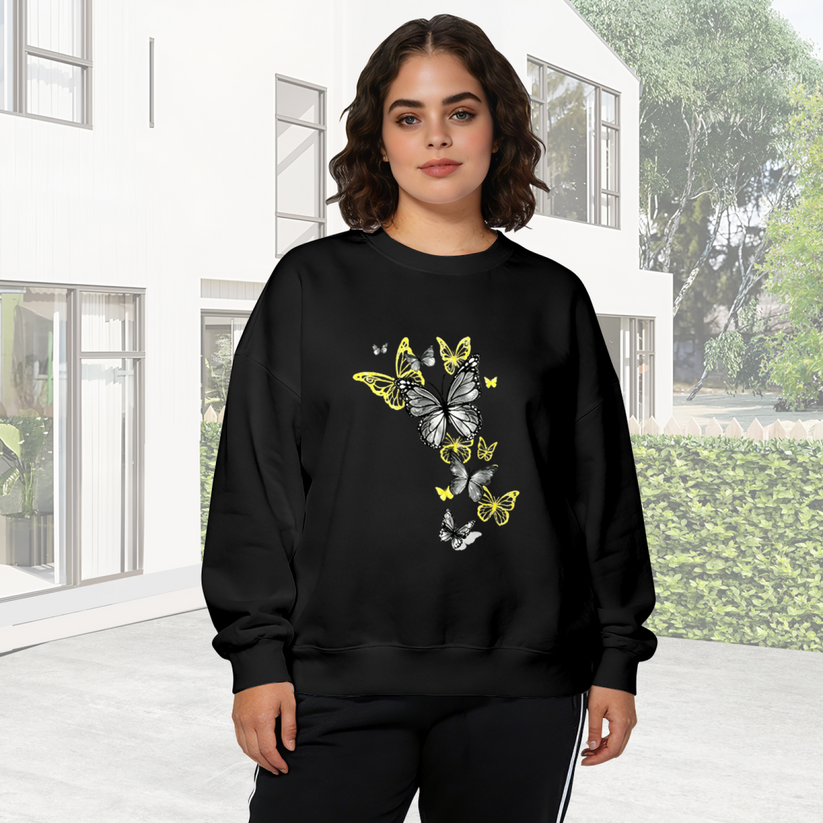 Grey?Yellow Contrast Butterflies Stylish Crewneck Sweatshirt