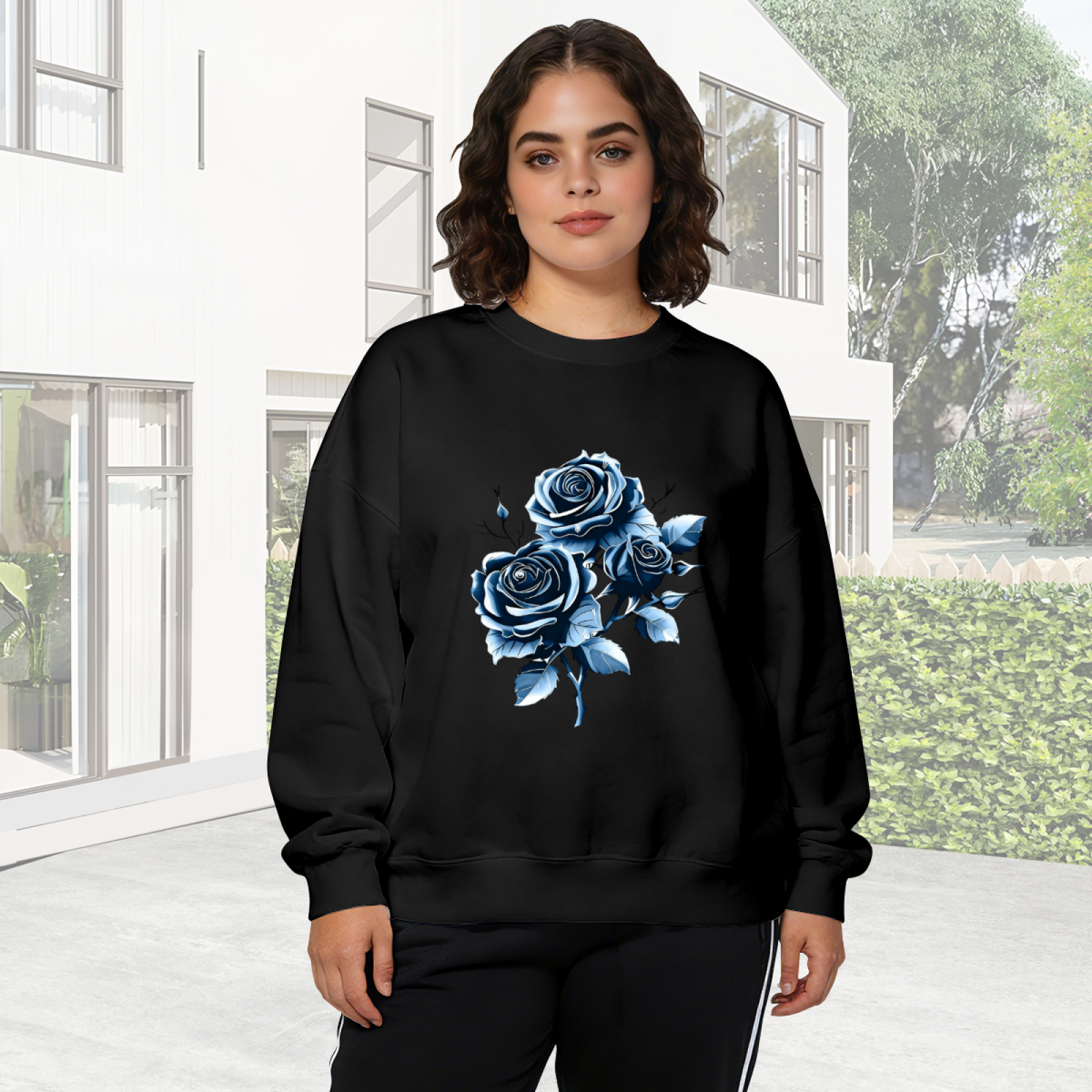 Cool Moody Blue Rose Aesthetic Print Crewneck Sweatshirt
