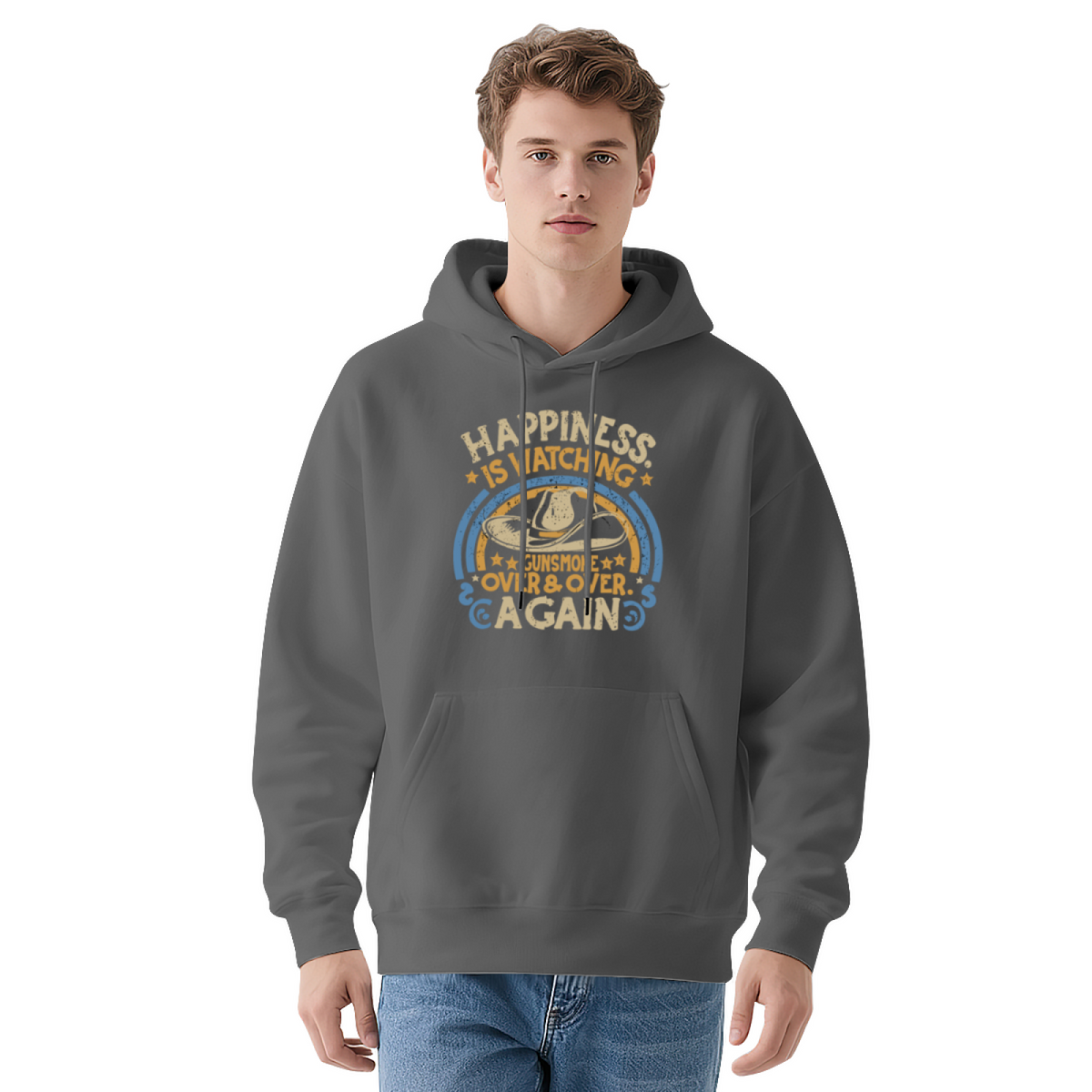 Vintage Cowboy Happiness Slogan Navy Hoodie, Men Casual Cozy Daily Pullover