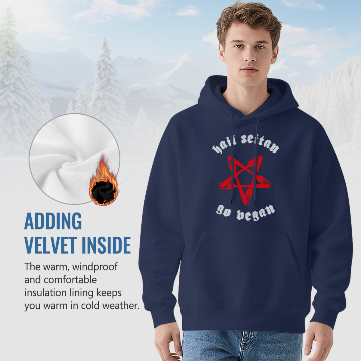 Hail Seitan Go Vegan Pentagram Graphic Hoodie, Casual Street Style