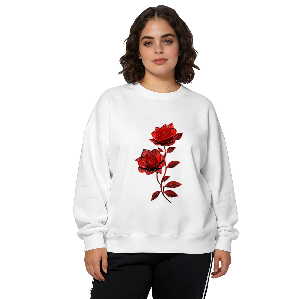 Elegant Lace?Style Red Rose Floral Crewneck Sweatshirt