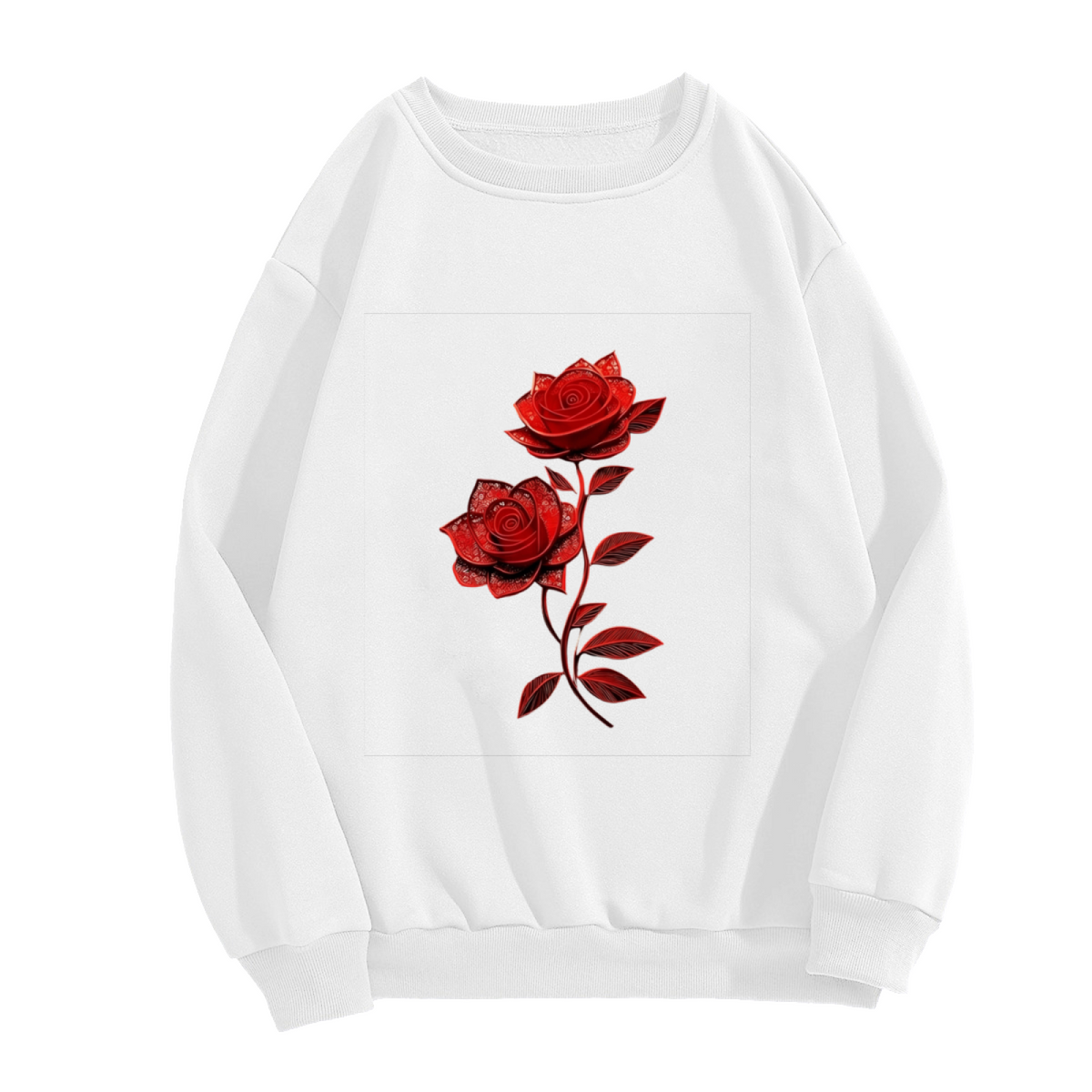 Elegant Lace?Style Red Rose Floral Crewneck Sweatshirt