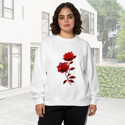 Elegant Lace?Style Red Rose Floral Crewneck Sweatshirt