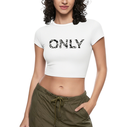 Zebra Print ONLY Letter White Baby Crop Top ¨C Minimal Y2K Slim Fit Tee 7.