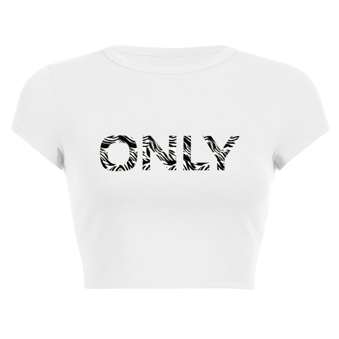 Zebra Print ONLY Letter White Baby Crop Top ¨C Minimal Y2K Slim Fit Tee 7.