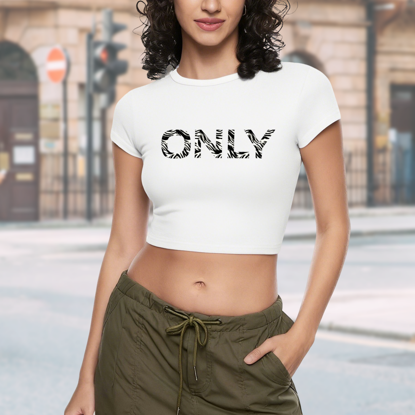 Zebra Print ONLY Letter White Baby Crop Top ¨C Minimal Y2K Slim Fit Tee 7.