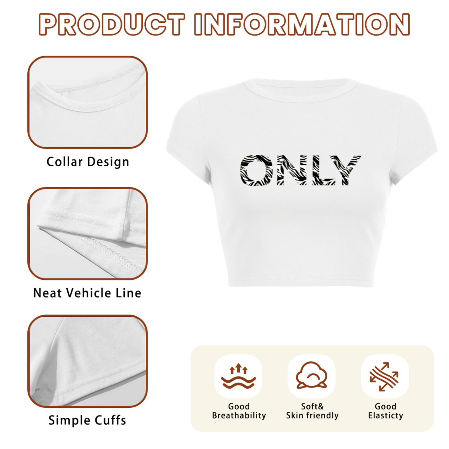 Zebra Print ONLY Letter White Baby Crop Top ¨C Minimal Y2K Slim Fit Tee 7.