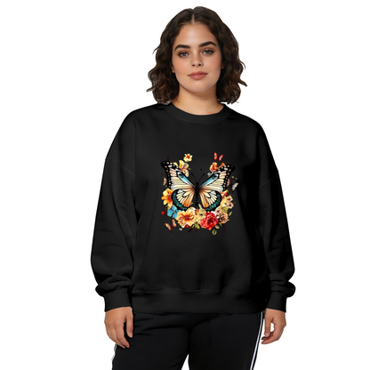 Boho Vintage Big Butterfly With Mixed Blooms Crewneck Sweatshirt