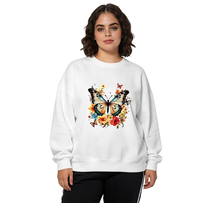 Boho Vintage Big Butterfly With Mixed Blooms Crewneck Sweatshirt