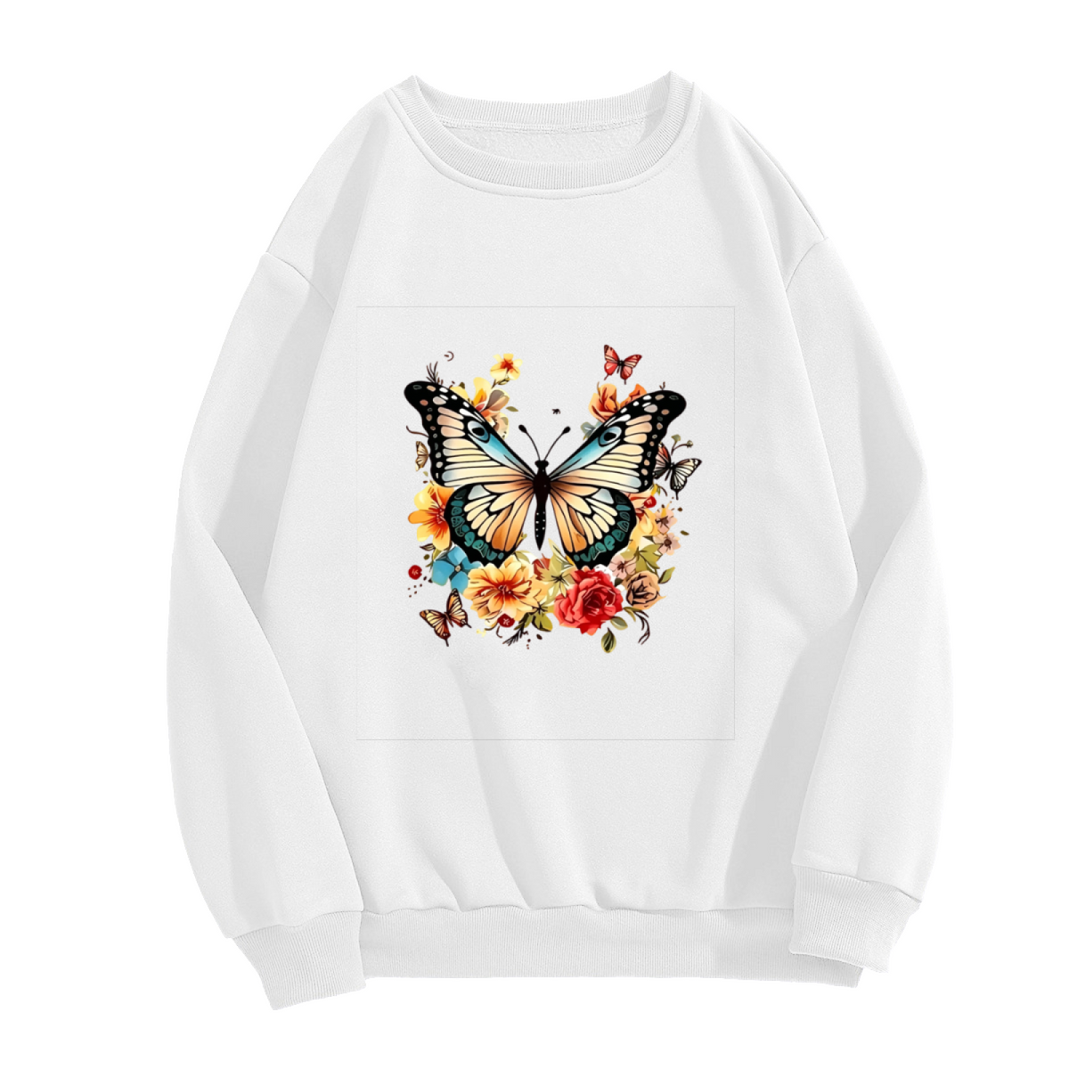 Boho Vintage Big Butterfly With Mixed Blooms Crewneck Sweatshirt