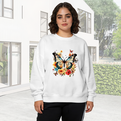 Boho Vintage Big Butterfly With Mixed Blooms Crewneck Sweatshirt