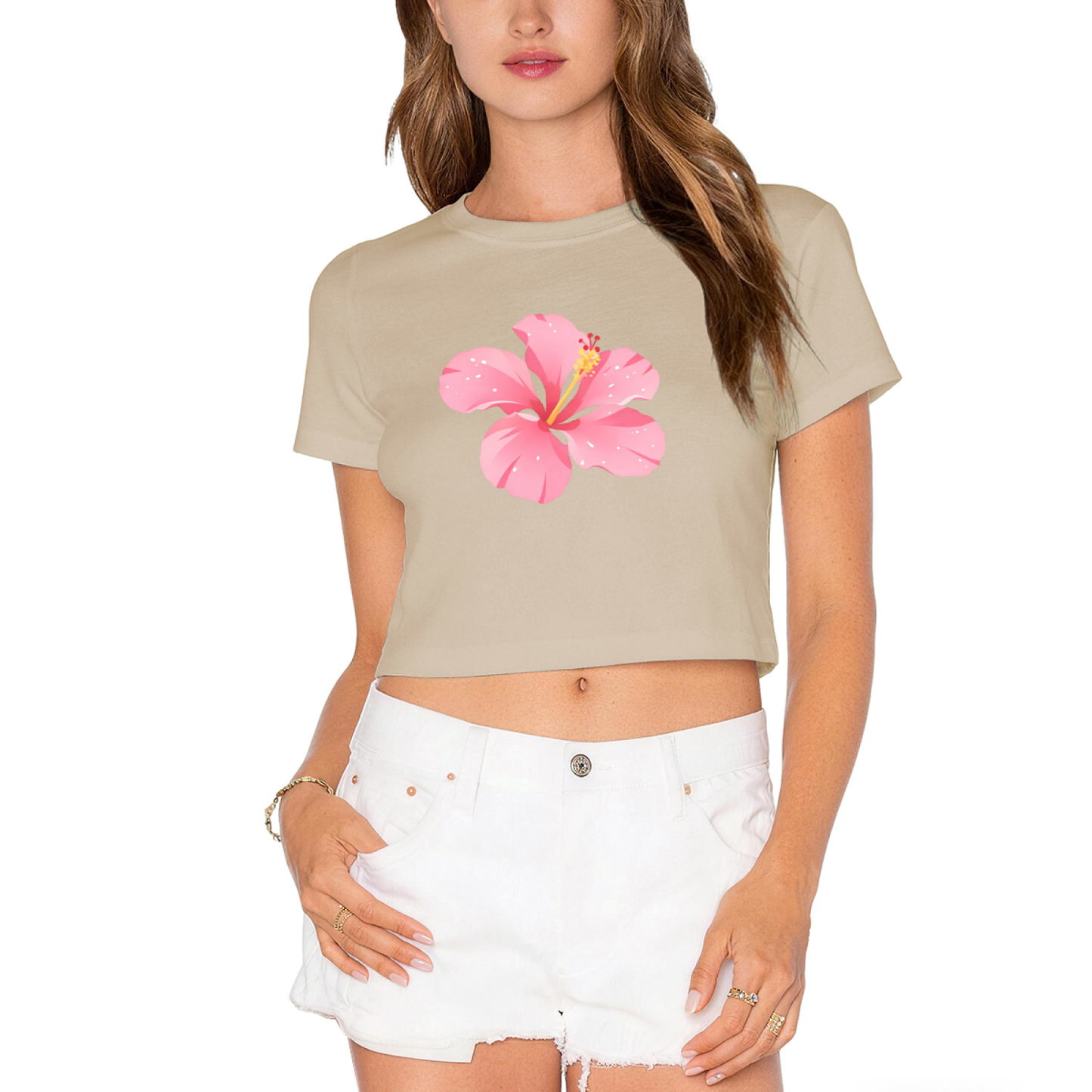 Tropical Hibiscus Flower Hot Pink Crop Top ¨C Summer Vacation Hawaiian Cute Women Tee