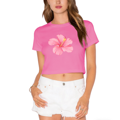 Tropical Hibiscus Flower Hot Pink Crop Top ¨C Summer Vacation Hawaiian Cute Women Tee